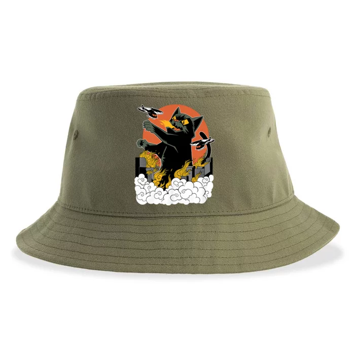 Vintage Sunset Attack Giant Cat Black Japanese Catzilla Sunset Sustainable Bucket Hat