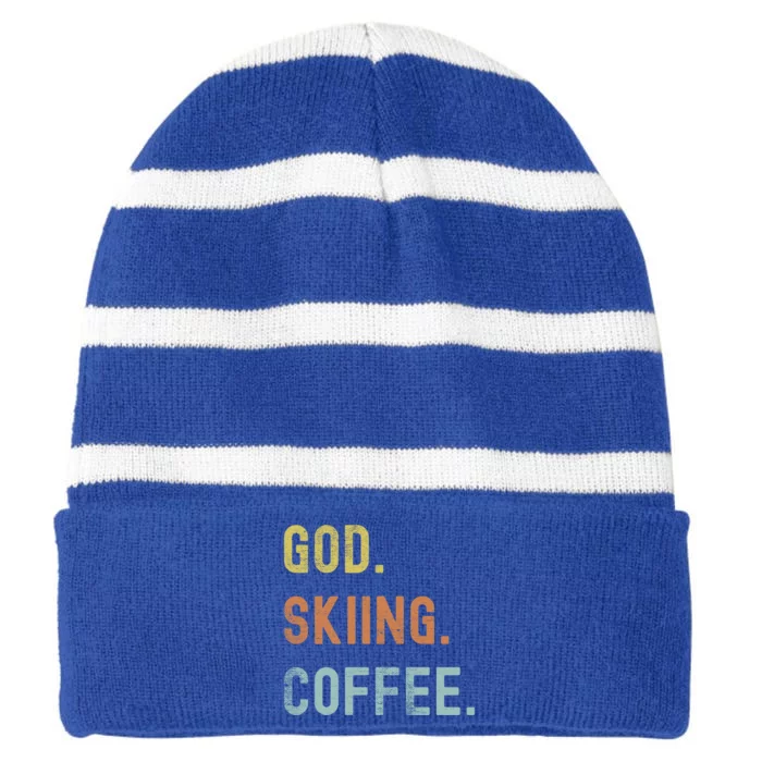 Vintages Skiing And Coffee Distressed Gift Striped Beanie with Solid Band