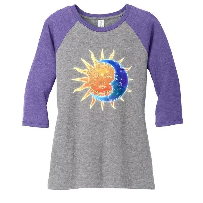 Vintage Sun And Moon Galaxy Women's Tri-Blend 3/4-Sleeve Raglan Shirt