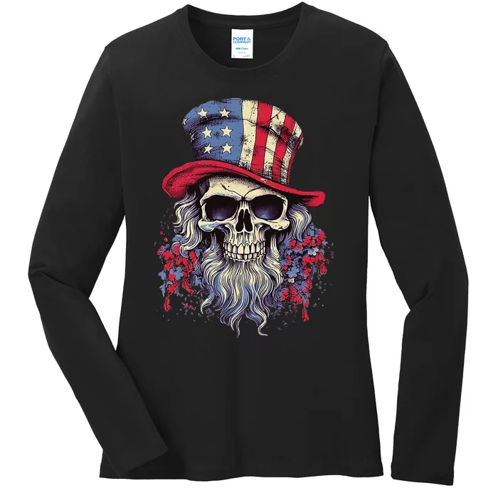 Vintage Skull American Flag Hat 4th Of July Patriotic Ladies Long Sleeve Shirt