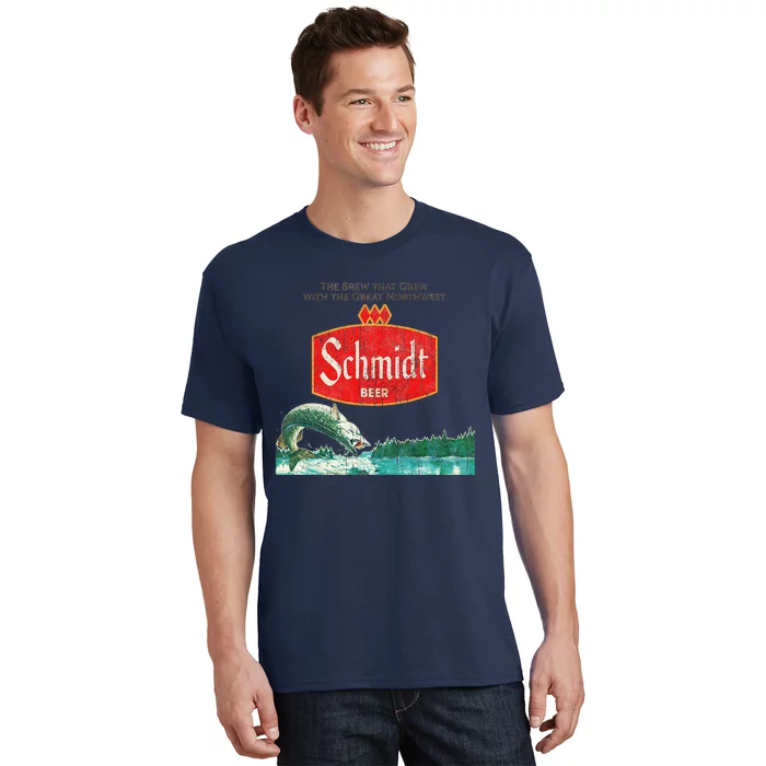 Vintage Schmidt Beer Retro Defunct Fishing Nature Scene T-Shirt