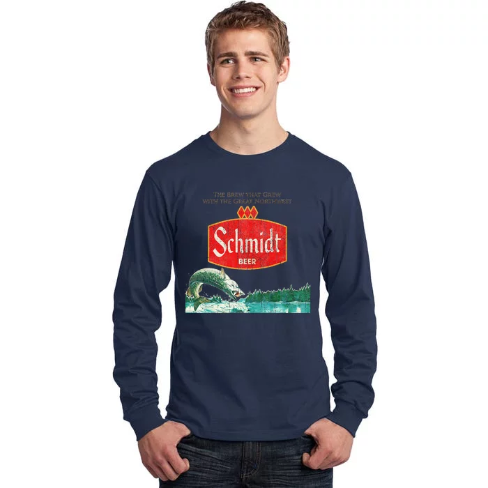 Vintage Schmidt Beer Retro Defunct Fishing Nature Scene Tall Long Sleeve T-Shirt