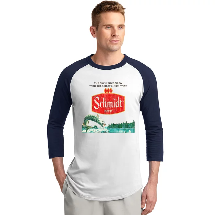 Vintage Schmidt Beer Retro Defunct Fishing Nature Scene Baseball Sleeve Shirt