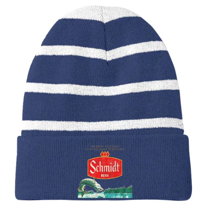 Vintage Schmidt Beer Retro Defunct Fishing Nature Scene Striped Beanie with Solid Band