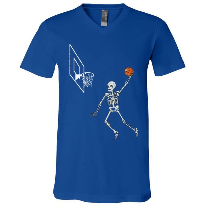 Vintage Skeleton Basketball Player Dunking Hoop Halloween Cute V-Neck T-Shirt