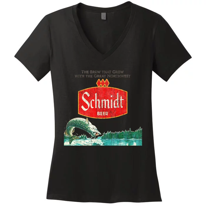 Vintage Schmidt Beer Retro Defunct Fishing Nature Scene Women's V-Neck T-Shirt