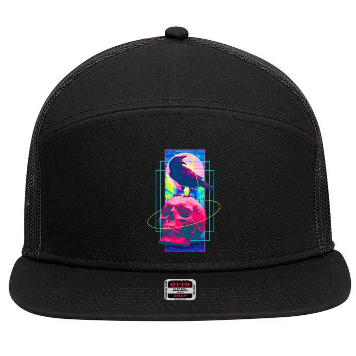 Vaporwave Skull & Crow Halloween Retro Aesthetic Art 7 Panel Mesh Trucker Snapback Hat