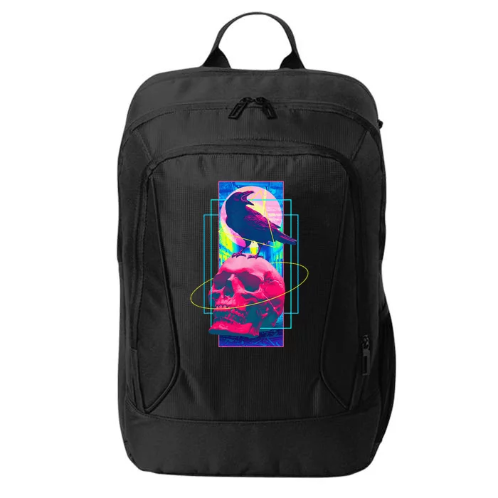 Vaporwave Skull & Crow Halloween Retro Aesthetic Art City Backpack