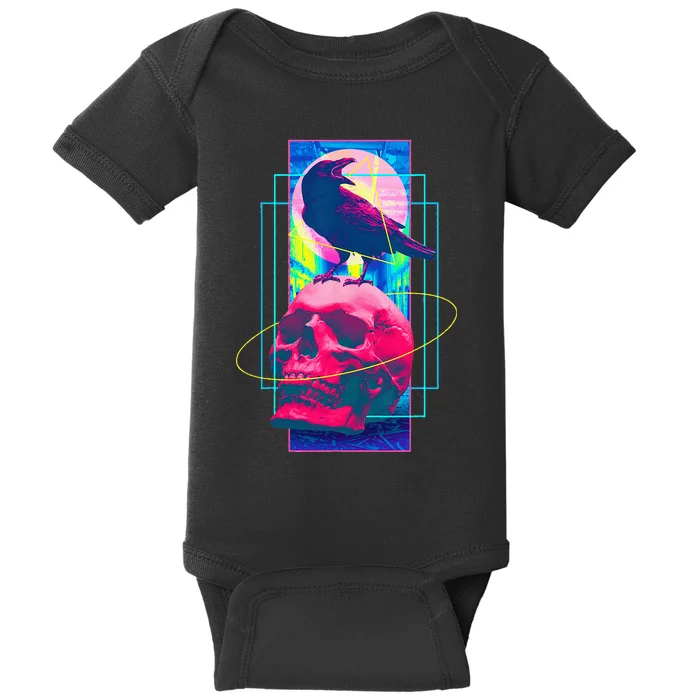 Vaporwave Skull & Crow Halloween Retro Aesthetic Art Baby Bodysuit