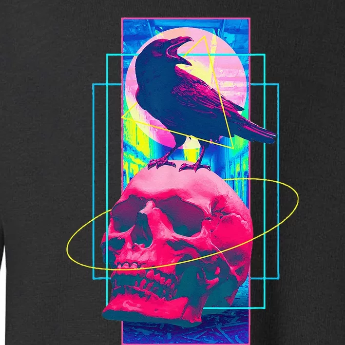 Vaporwave Skull & Crow Halloween Retro Aesthetic Art Toddler Sweatshirt