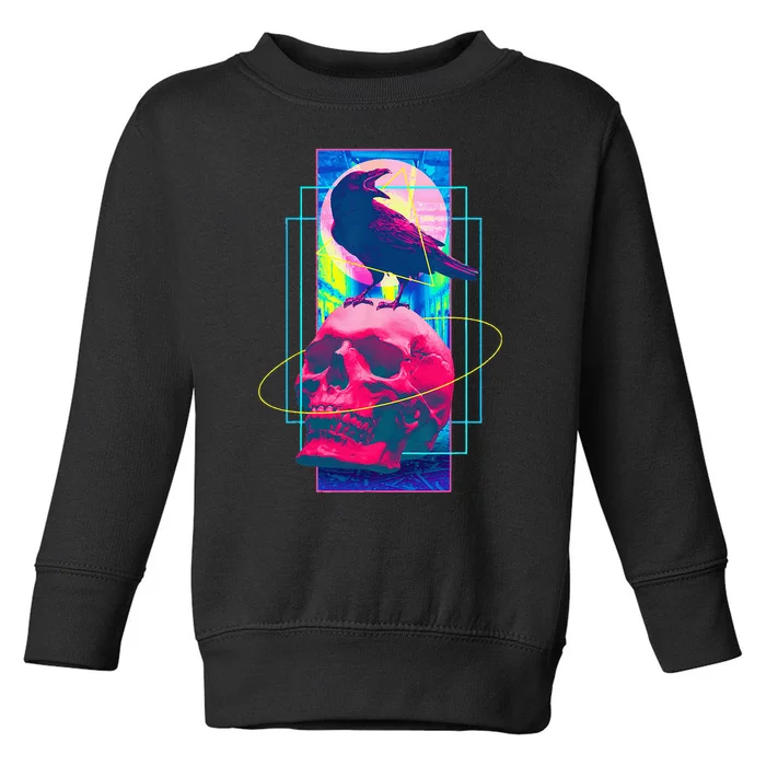 Vaporwave Skull & Crow Halloween Retro Aesthetic Art Toddler Sweatshirt