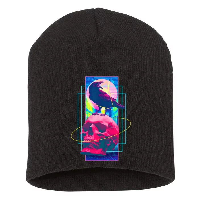 Vaporwave Skull & Crow Halloween Retro Aesthetic Art Short Acrylic Beanie