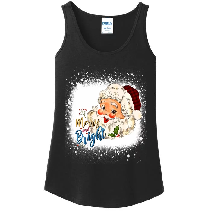 Vintage Santa Claus Face Merry And Bright Bleached Pajama Long Sleeve Ladies Essential Tank