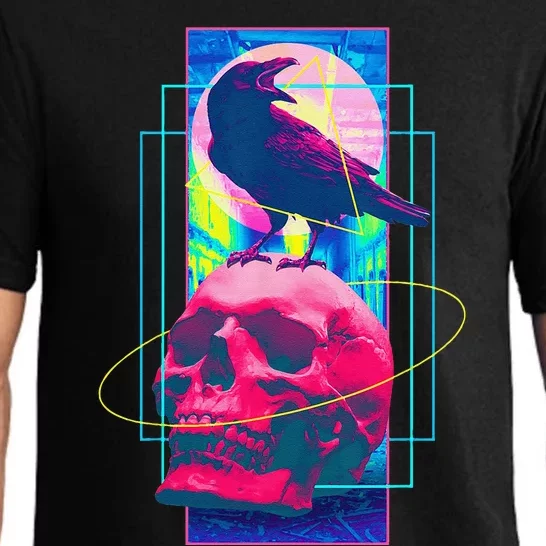 Vaporwave Skull & Crow Halloween Retro Aesthetic Art Pajama Set