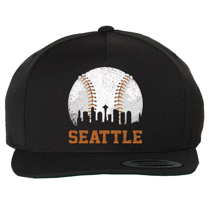 Vintage Seattle Cityscape Baseball Lover Player and Fans Wool Snapback Cap