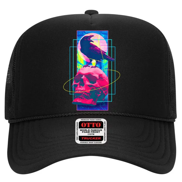 Vaporwave Skull & Crow Halloween Retro Aesthetic Art High Crown Mesh Trucker Hat