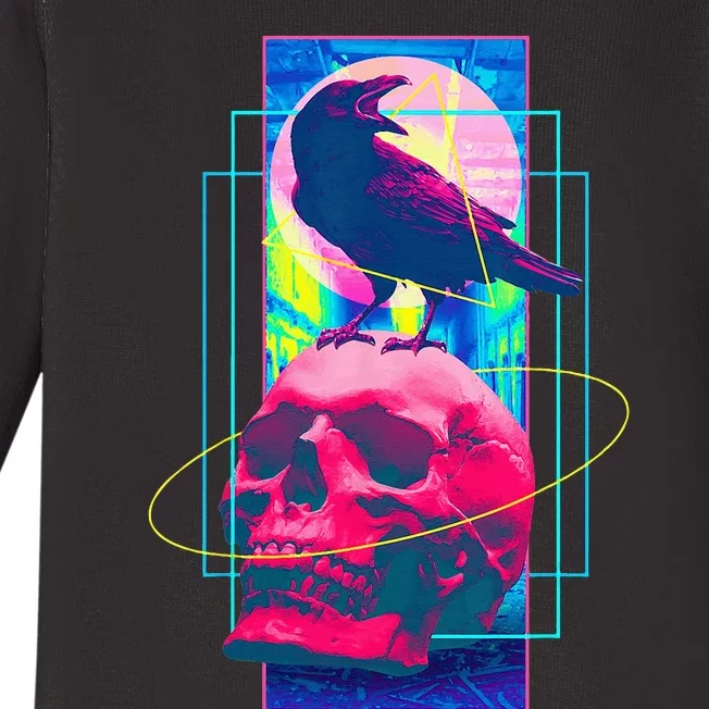 Vaporwave Skull & Crow Halloween Retro Aesthetic Art Baby Long Sleeve Bodysuit