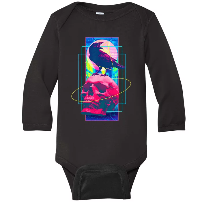 Vaporwave Skull & Crow Halloween Retro Aesthetic Art Baby Long Sleeve Bodysuit