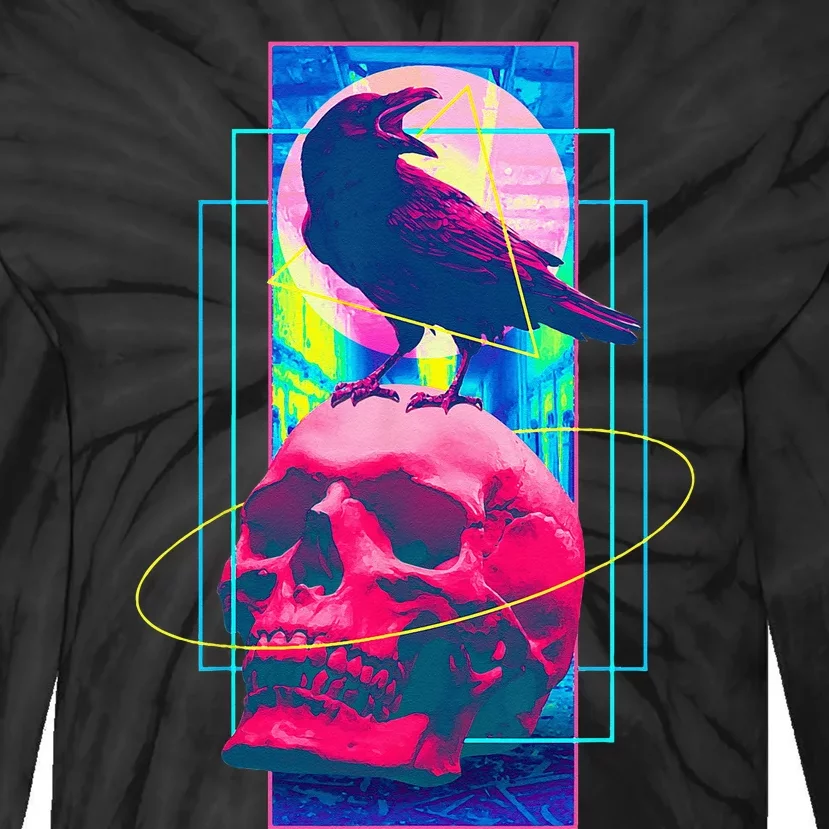 Vaporwave Skull & Crow Halloween Retro Aesthetic Art Tie-Dye Long Sleeve Shirt