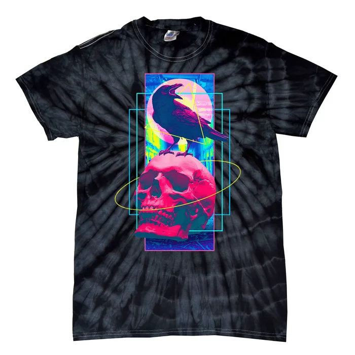 Vaporwave Skull & Crow Halloween Retro Aesthetic Art Tie-Dye T-Shirt