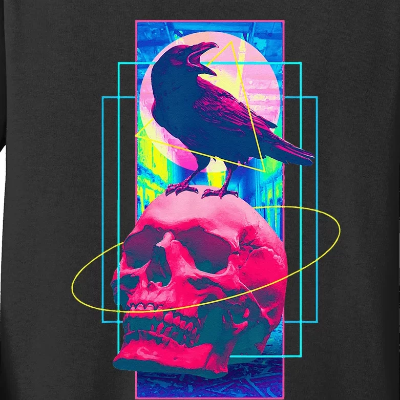 Vaporwave Skull & Crow Halloween Retro Aesthetic Art Kids Long Sleeve Shirt