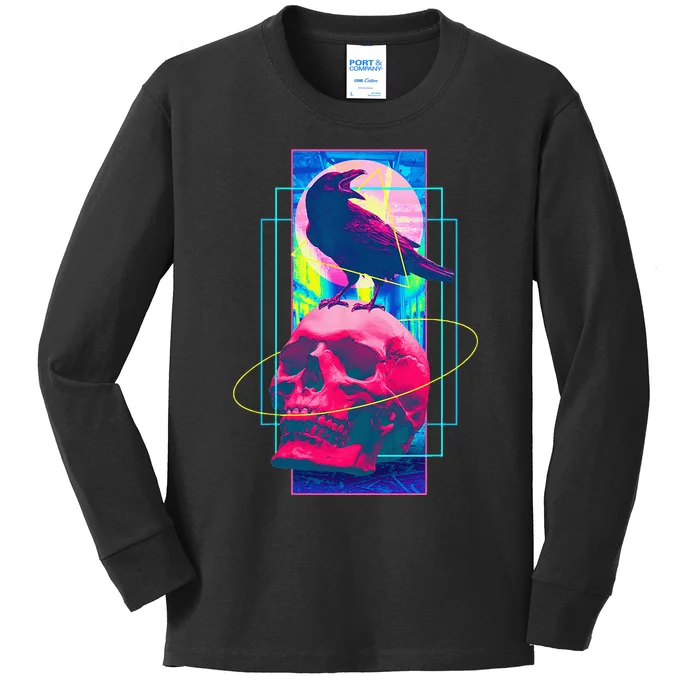 Vaporwave Skull & Crow Halloween Retro Aesthetic Art Kids Long Sleeve Shirt