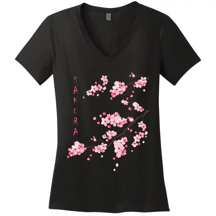 Vintage Sakura Cherry Blossom Japanese Graphical Art Women's V-Neck T-Shirt