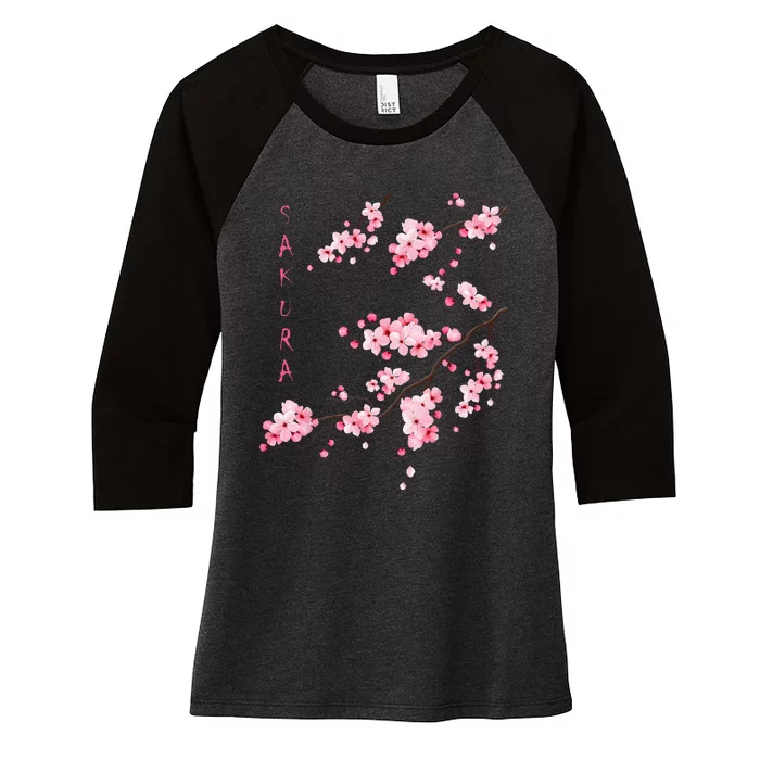 Vintage Sakura Cherry Blossom Japanese Graphical Art Women's Tri-Blend 3/4-Sleeve Raglan Shirt