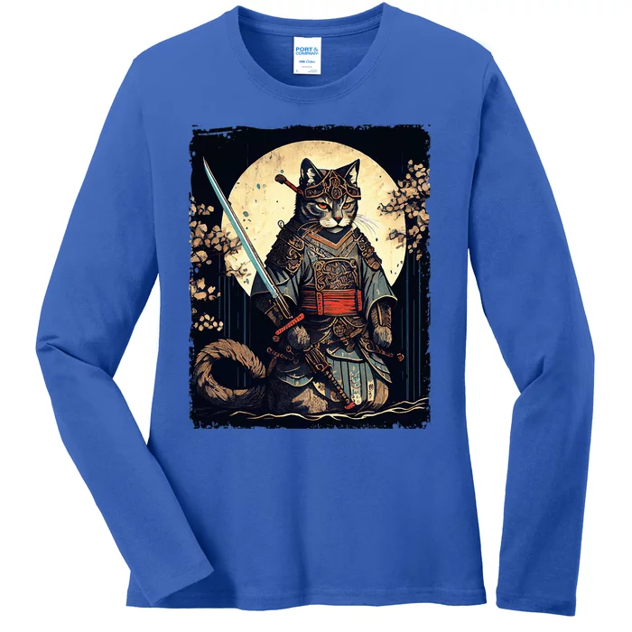 Vintage samurai cat Japanese ninja art aesthetic Ladies Long Sleeve Shirt