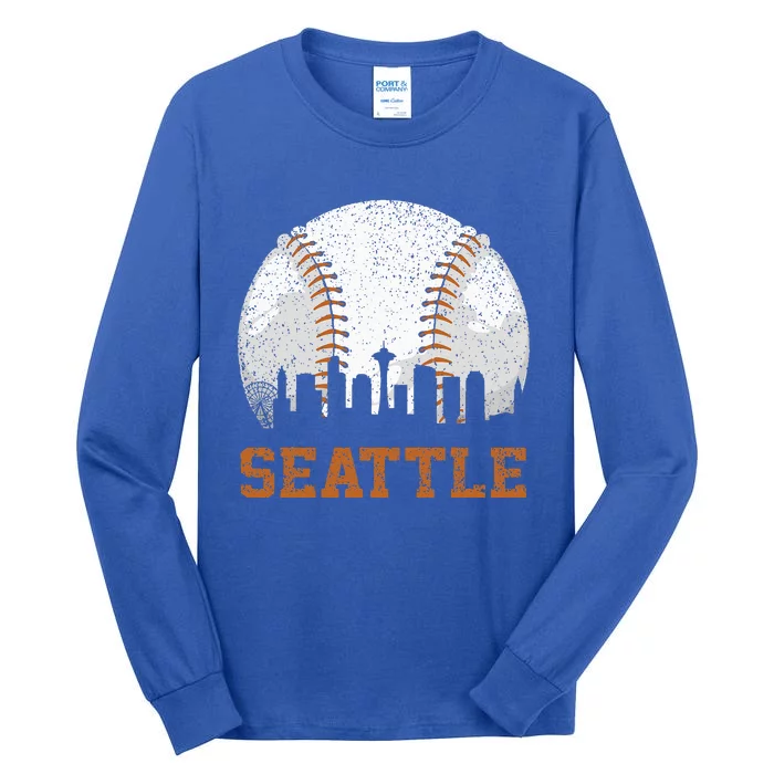 Vintage Seattle Cityscape Baseball Lover Player And Fans Tall Long Sleeve T-Shirt