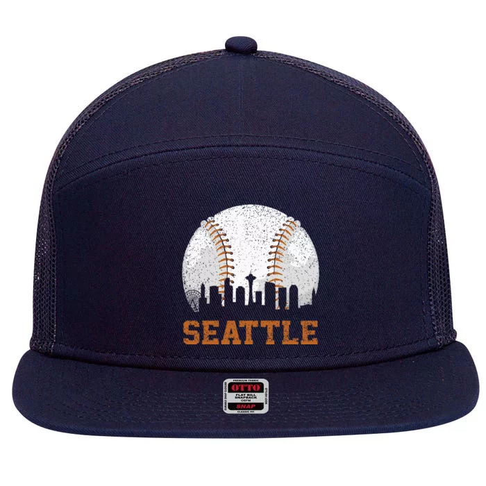 Vintage Seattle Cityscape Baseball Lover Player And Fans 7 Panel Mesh Trucker Snapback Hat