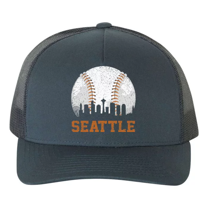 Vintage Seattle Cityscape Baseball Lover Player And Fans Yupoong Adult 5-Panel Trucker Hat