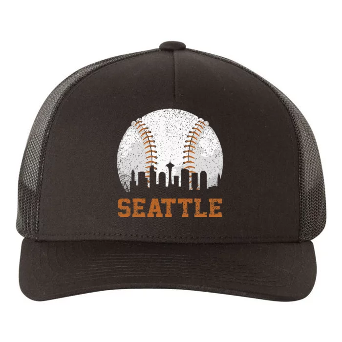 Vintage Seattle Cityscape Baseball Lover Player And Fans Yupoong Adult 5-Panel Trucker Hat