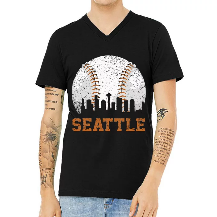 Vintage Seattle Cityscape Baseball Lover Player And Fans V-Neck T-Shirt