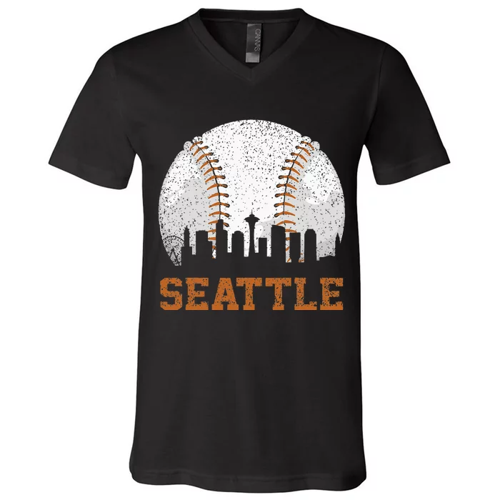 Vintage Seattle Cityscape Baseball Lover Player And Fans V-Neck T-Shirt