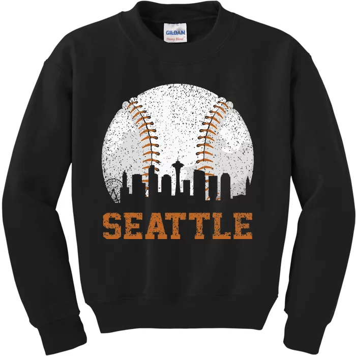 Vintage Seattle Cityscape Baseball Lover Player And Fans Kids Sweatshirt