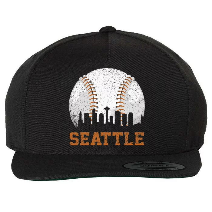 Vintage Seattle Cityscape Baseball Lover Player And Fans Wool Snapback Cap