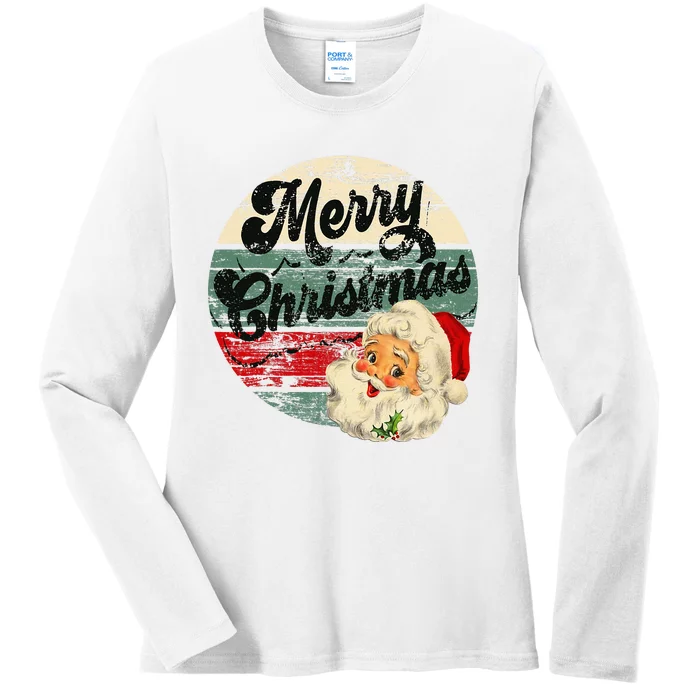 Vintage Santa Claus Merry Christmas Face Old Fashioned Ladies Long Sleeve Shirt