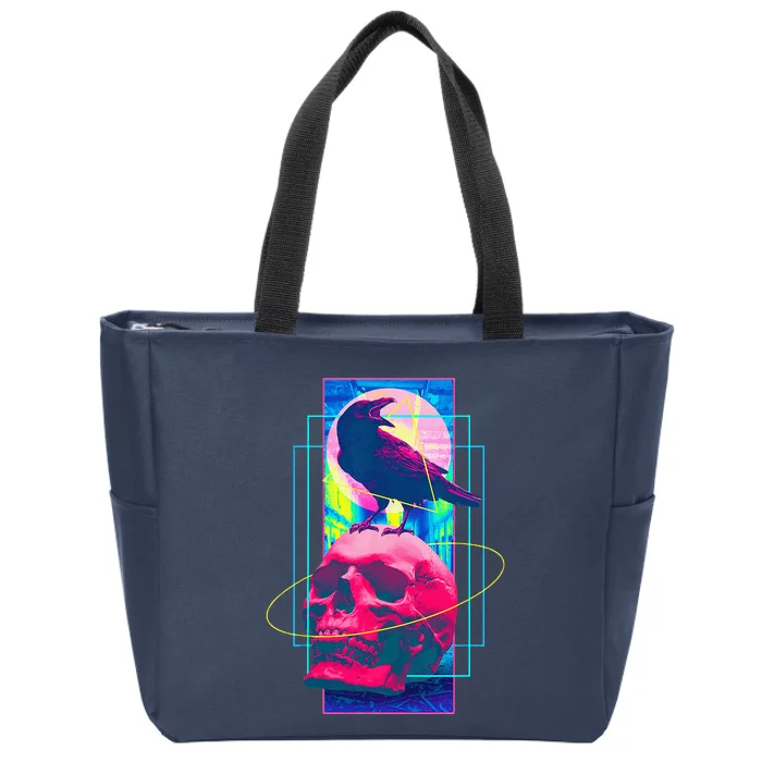 Vaporwave Skull & Crow Halloween Retro Aesthetic Art Zip Tote Bag