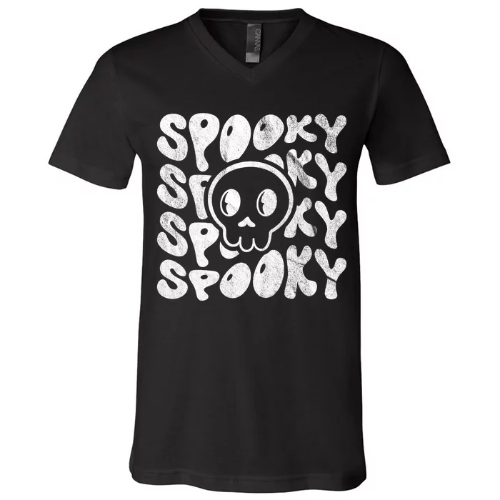 Vintage Spooky Creepy Ghost Skull Halloween V-Neck T-Shirt