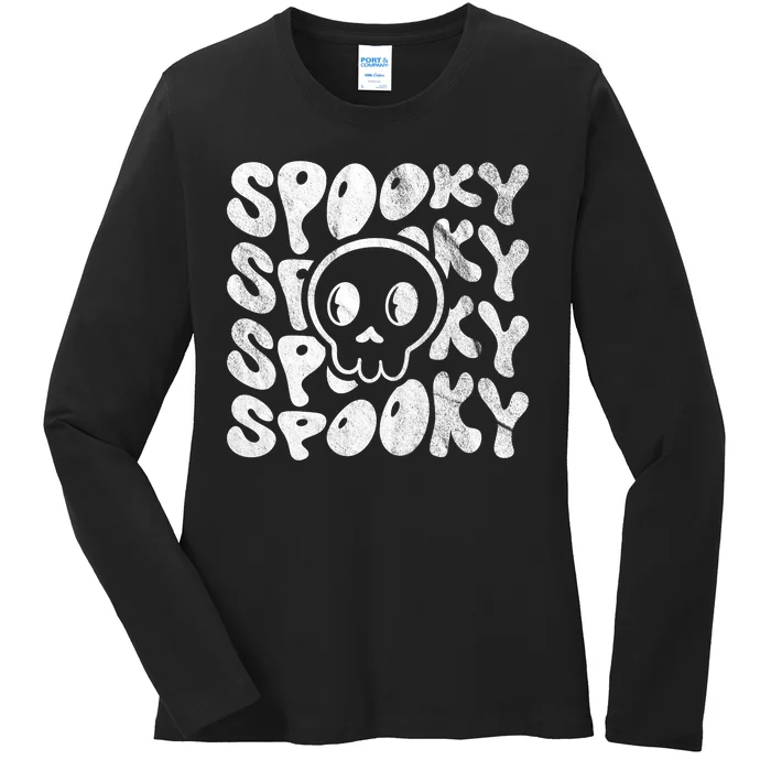 Vintage Spooky Creepy Ghost Skull Halloween Ladies Long Sleeve Shirt