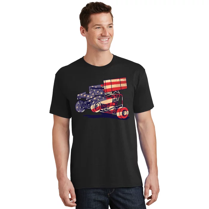 Vintage Sprint Car American Flag Funny Racer Racing T-Shirt