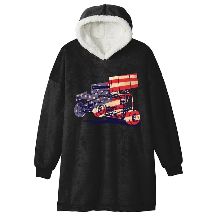 Vintage Sprint Car American Flag Funny Racer Racing Hooded Wearable Blanket