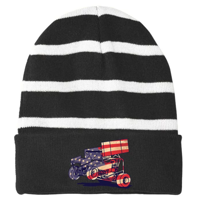 Vintage Sprint Car American Flag Funny Racer Racing Striped Beanie with Solid Band