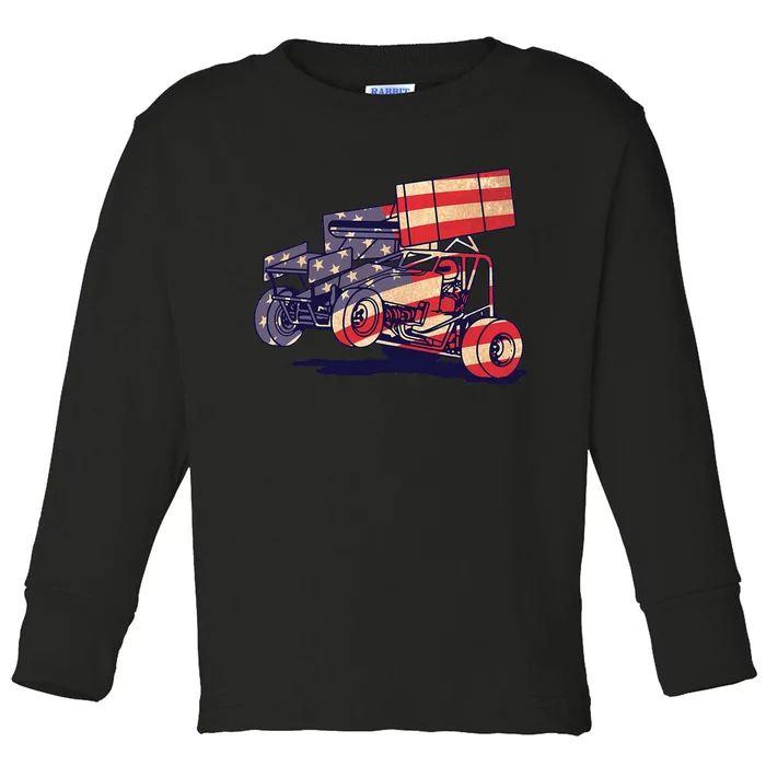 Vintage Sprint Car American Flag Funny Racer Racing Toddler Long Sleeve Shirt