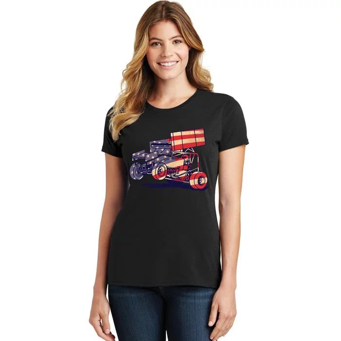 Vintage Sprint Car American Flag Funny Racer Racing Women's T-Shirt