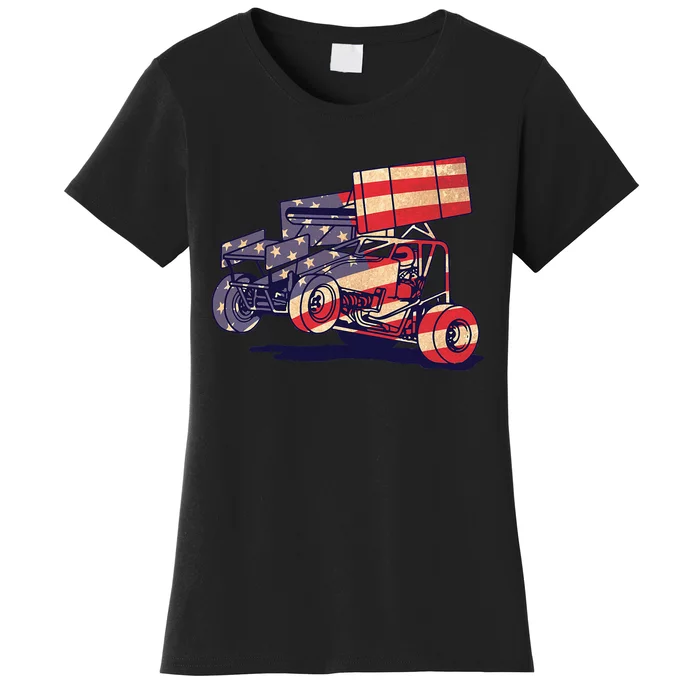 Vintage Sprint Car American Flag Funny Racer Racing Women's T-Shirt