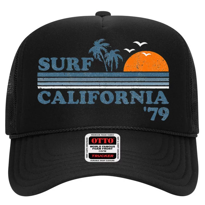 Vintage Surf California Beach Retro Sunset Surf 70s Gift High Crown Mesh Trucker Hat