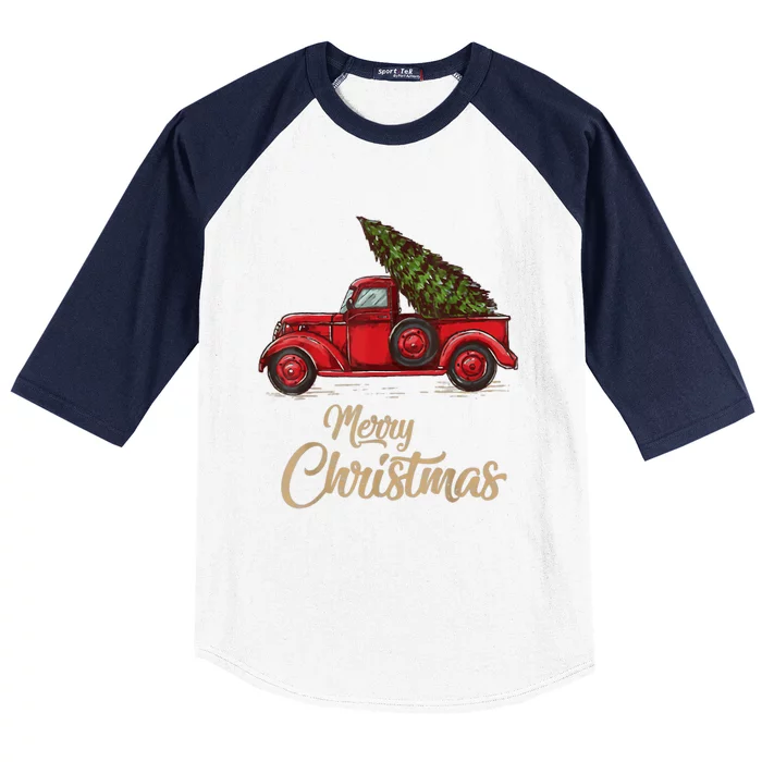 Vintage Style Farm Red Truck With Christmas Tree Cool Gift Baseball Sleeve Shirt