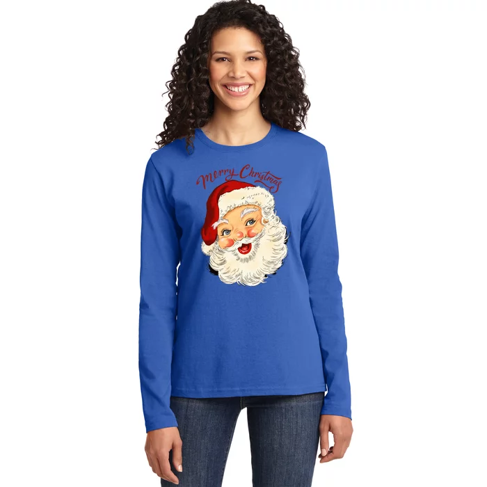 Vintage Santa Face Old Fashion Christmas Santa Claus Retro Gift Ladies Long Sleeve Shirt